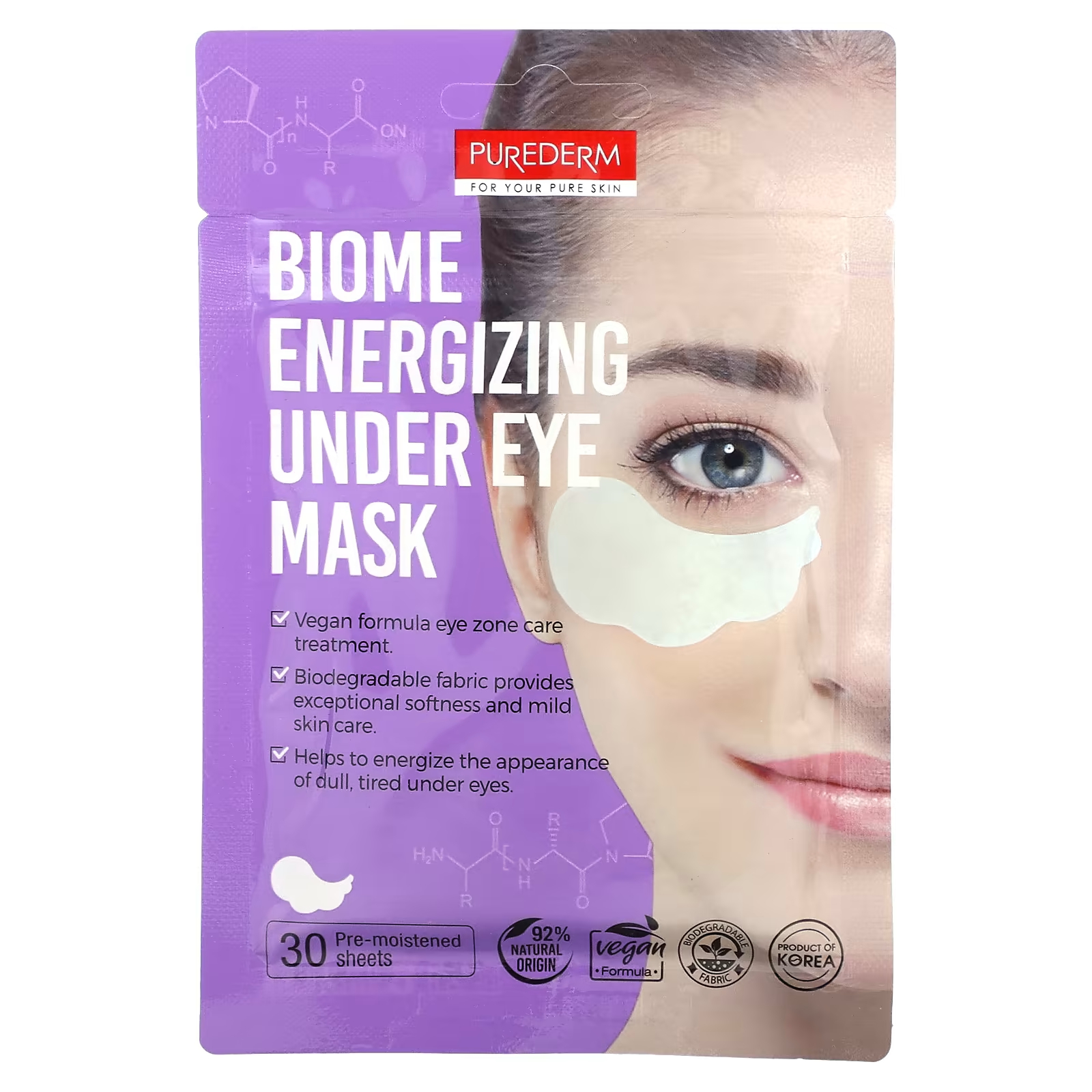 Purederm Biome Energizing Beauty Mask под глазами, 30 предварительно увлажненных листов
