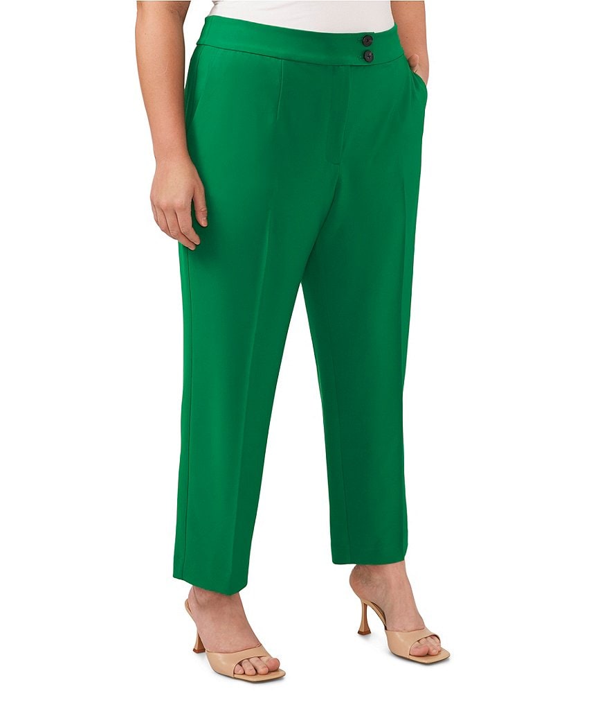 цена CeCe Большие размеры Зауженные прямые брюки со складками спереди по щиколотку Саржевые брюки, зеленый
