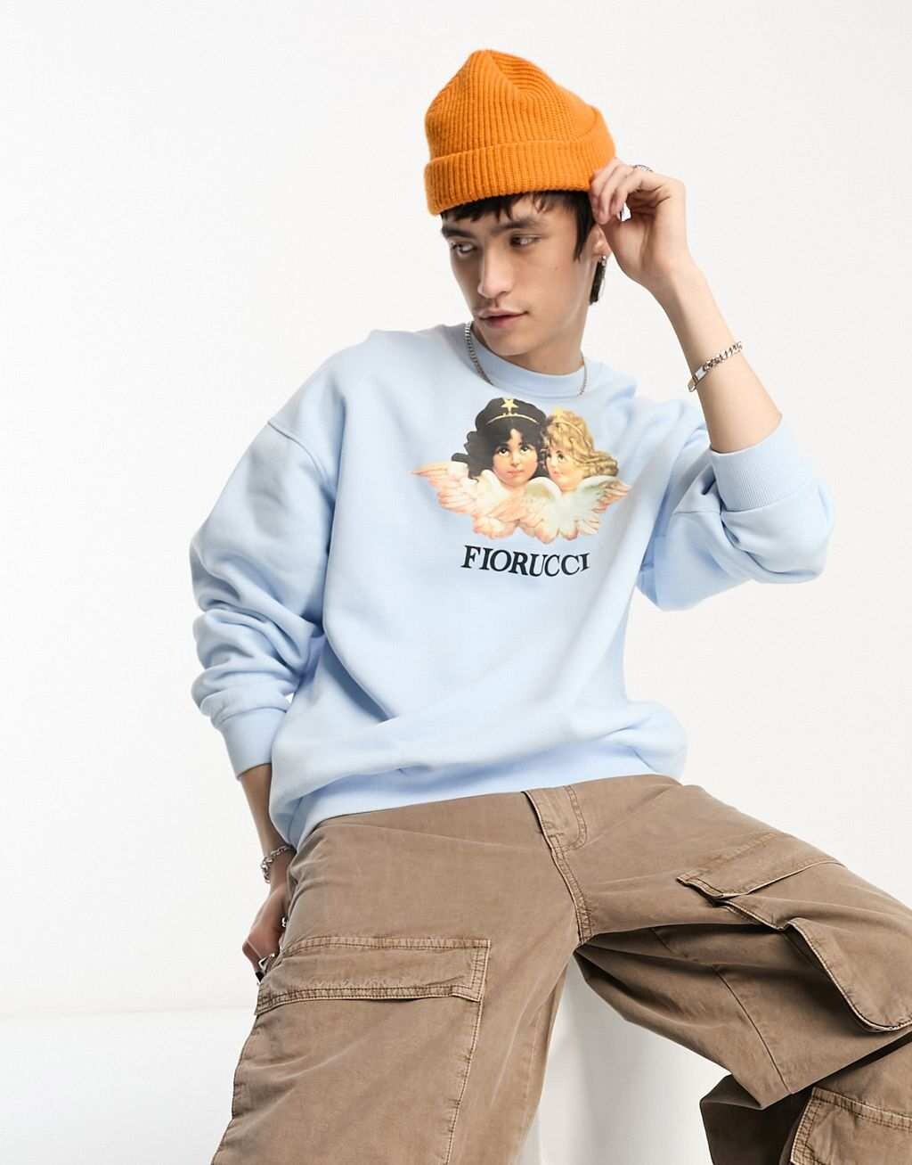 

Свободный свитшот Fiorucci бледно-голубого цвета с винтажным рисунком ангелов, Синий