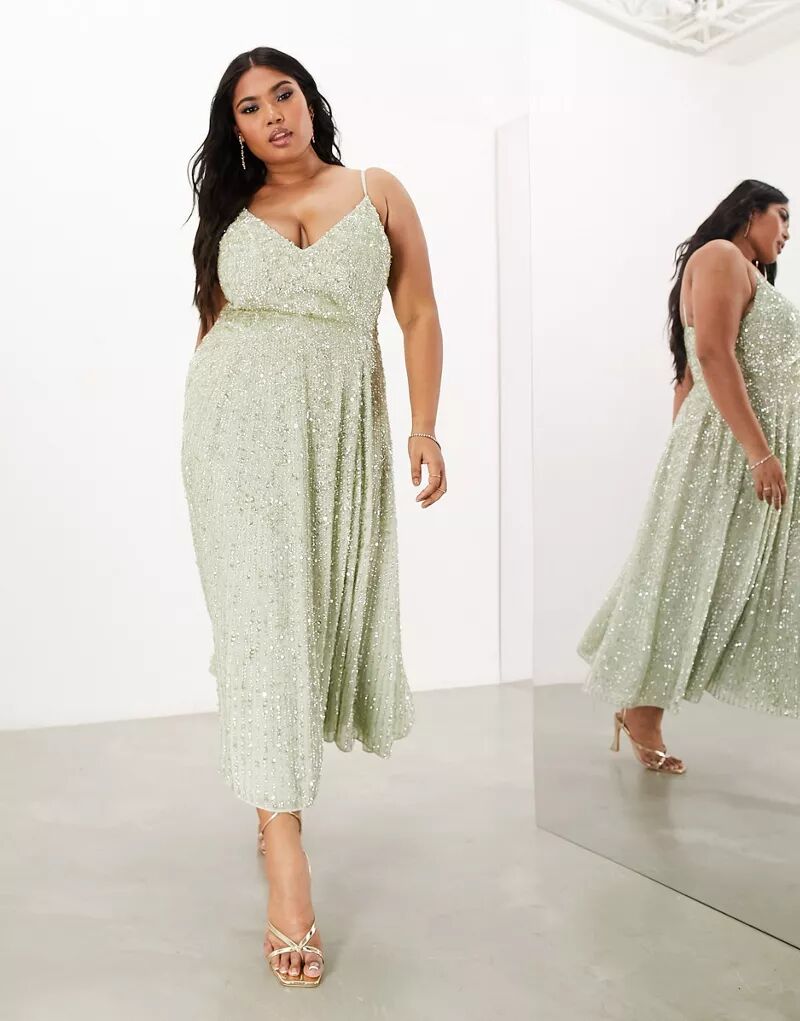 Зеленое платье миди на бретельках с украшением ASOS DESIGN Curve Bridesmaid