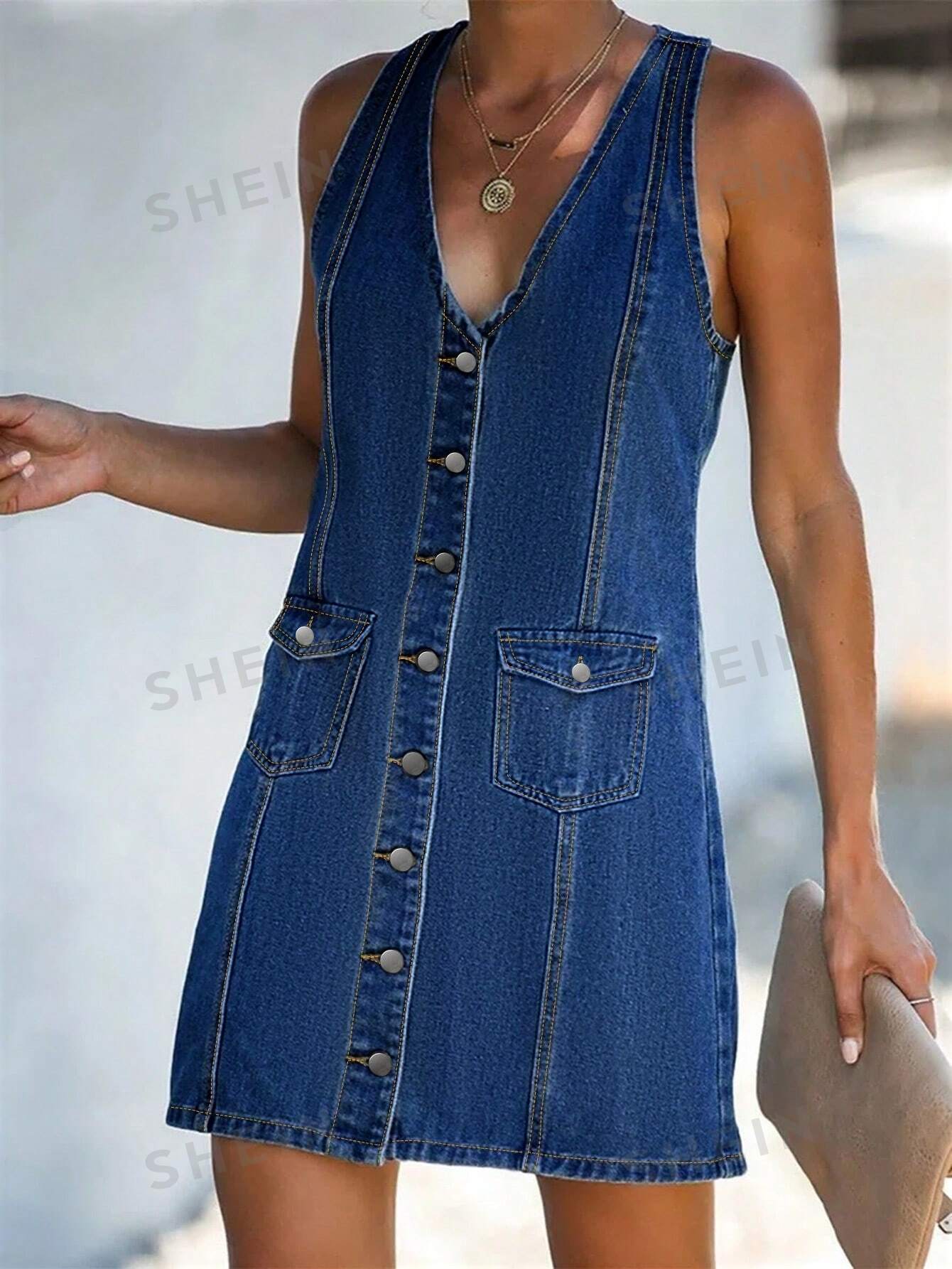 Джинсовое платье без рукавов на пуговицах, средняя стирка платье camaieu джинсовое 42 размер