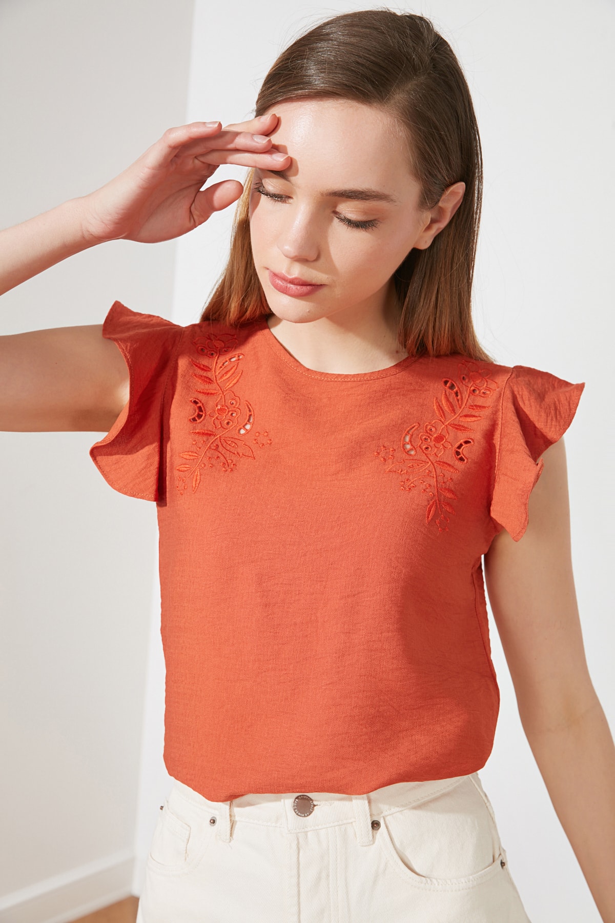 бежевая кружевная блузка и юбка Блузка Trendyol кружевная, оранжевый