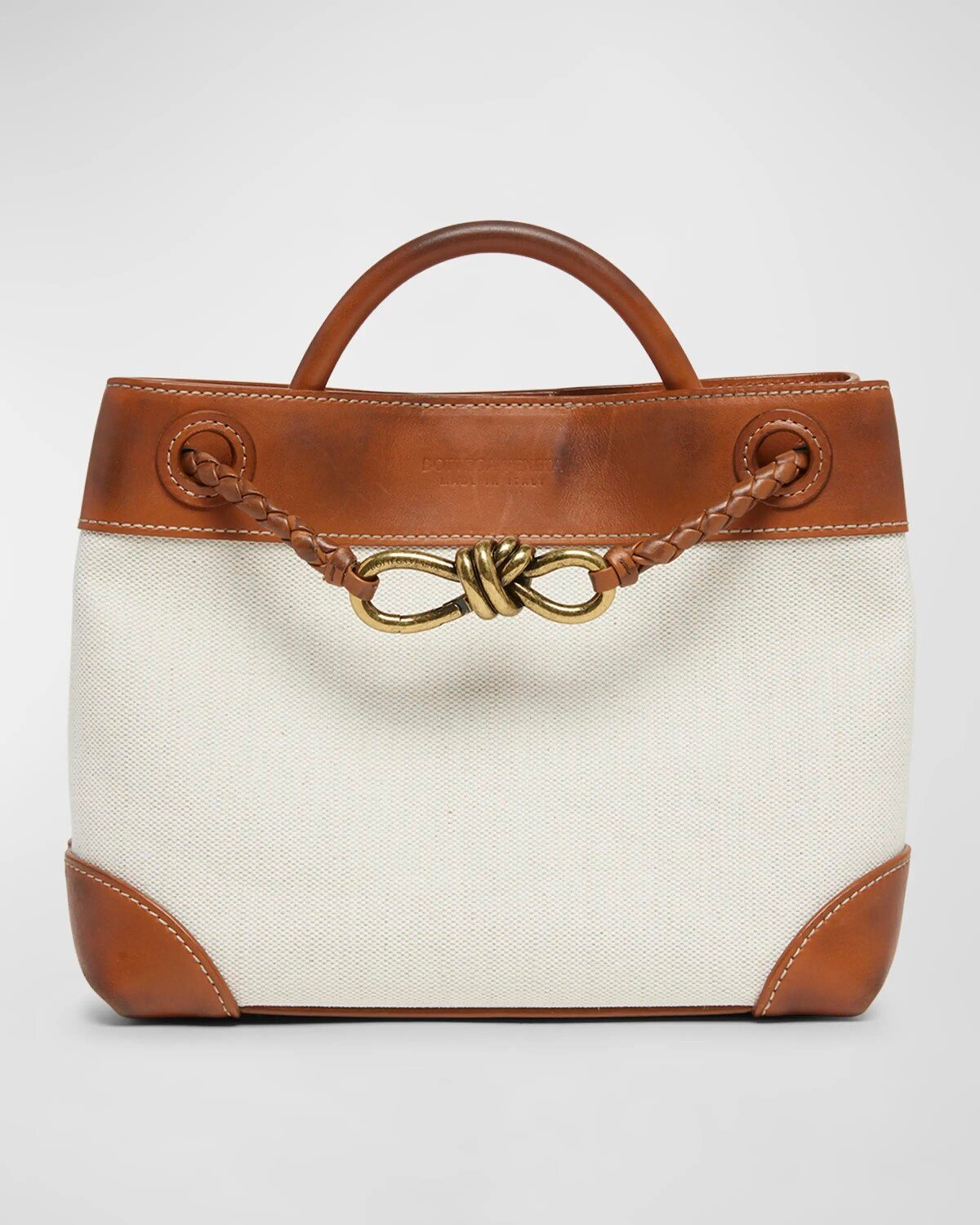 

Маленькая сумка Andiamo из стираной ткани с верхней ручкой Bottega Veneta, белый/коричневый