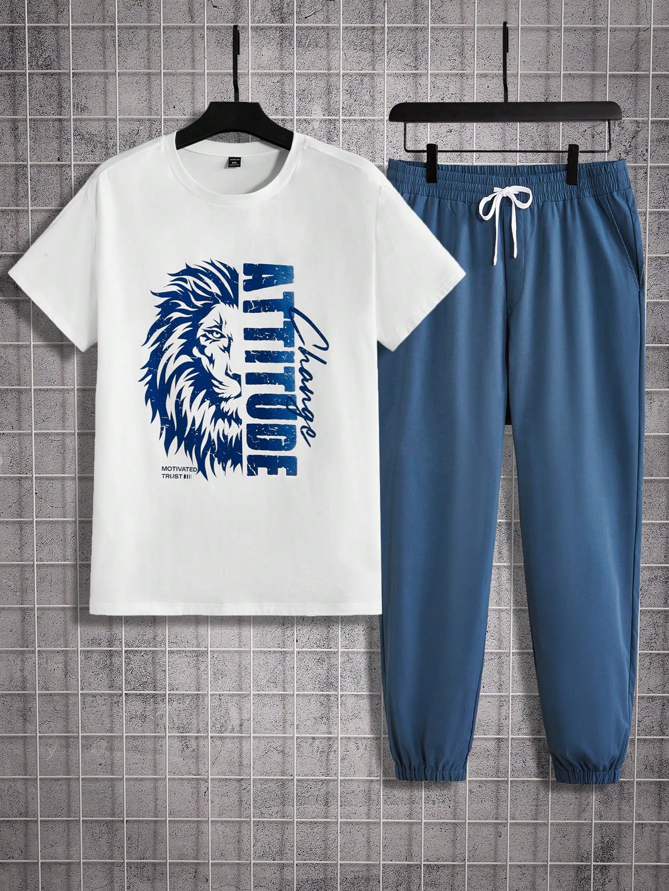 цена Мужская футболка и спортивные штаны с короткими рукавами и принтом льва и букв Manfinity Homme больших размеров, синий и белый