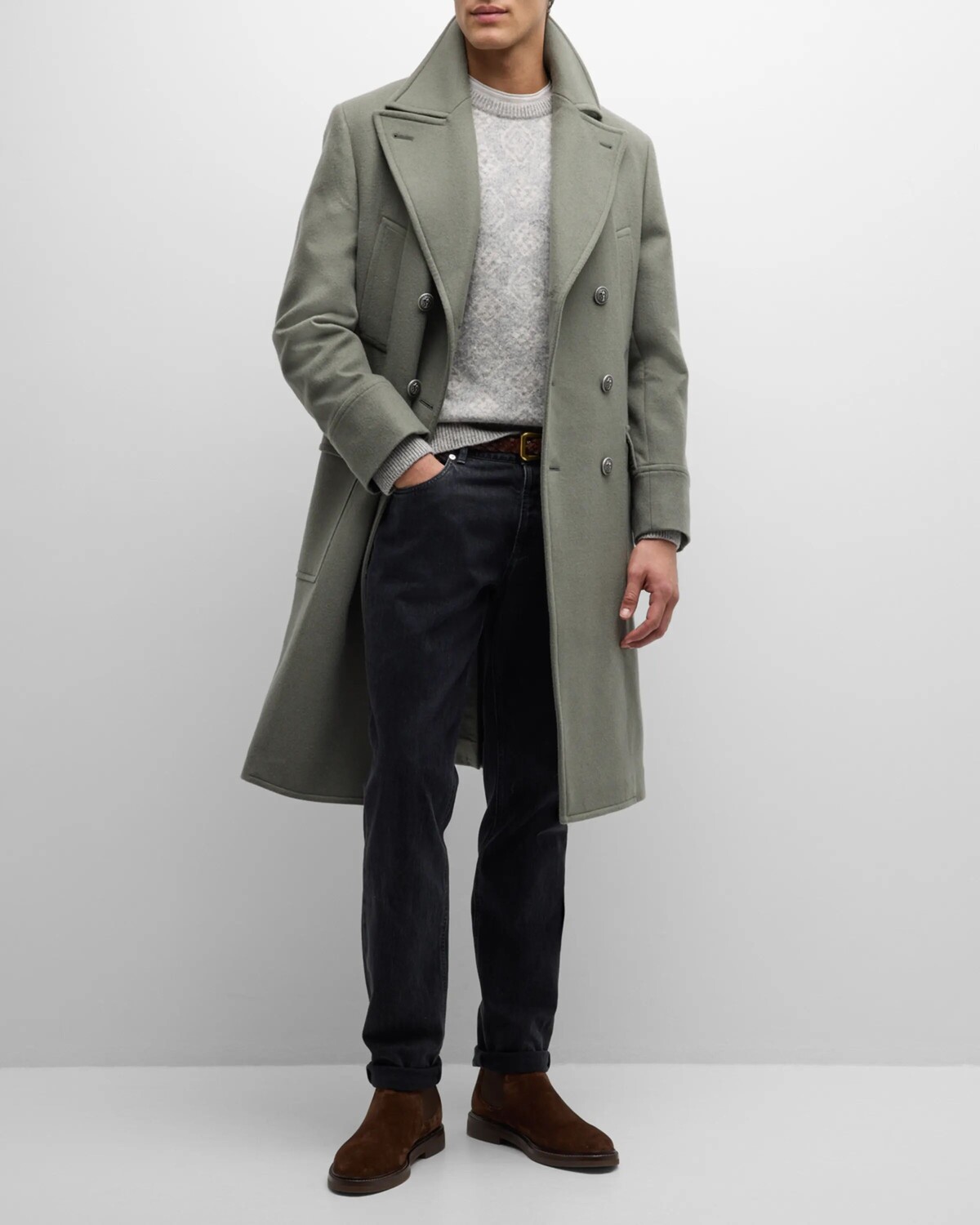 

Мужское шерстяное двубортное пальто Brunello Cucinelli, цвет Green Grey