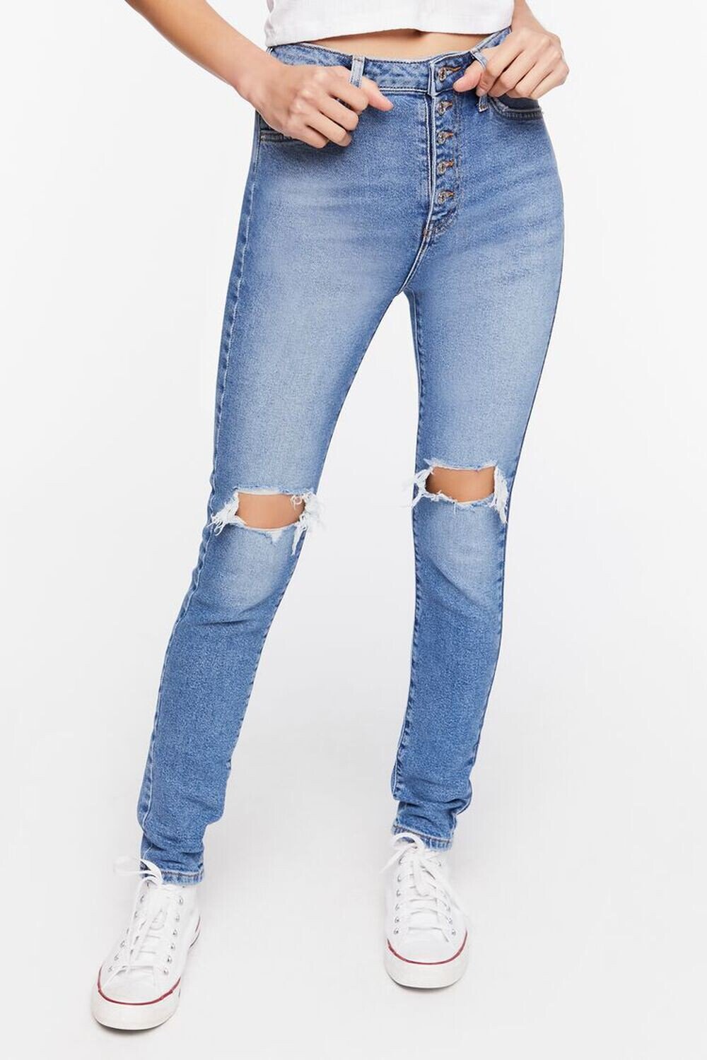 

Джинсы скинни с потертостями из переработанного хлопка Forever 21, деним