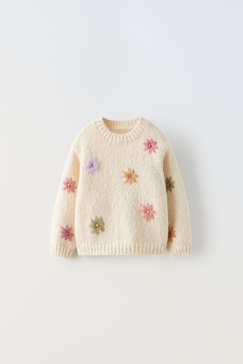Трикотажный свитер с цветочной вышивкой ZARA, экрю