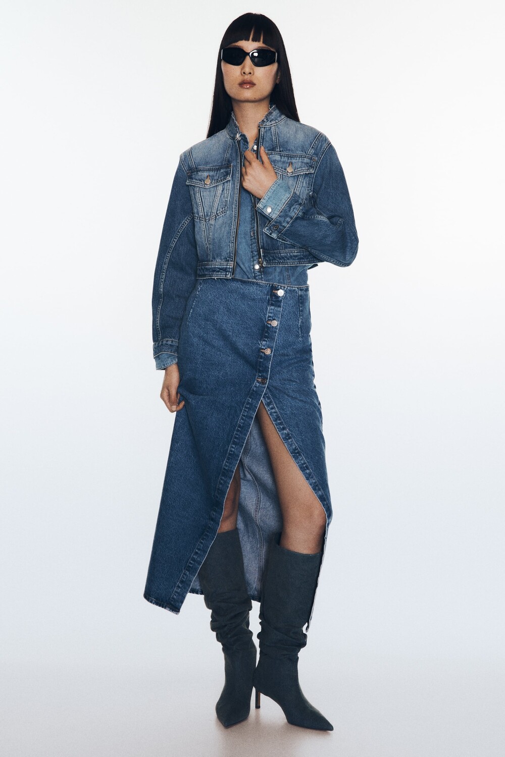 

Юбка миди из денима с пересечением z1975 Zara, средне-синий