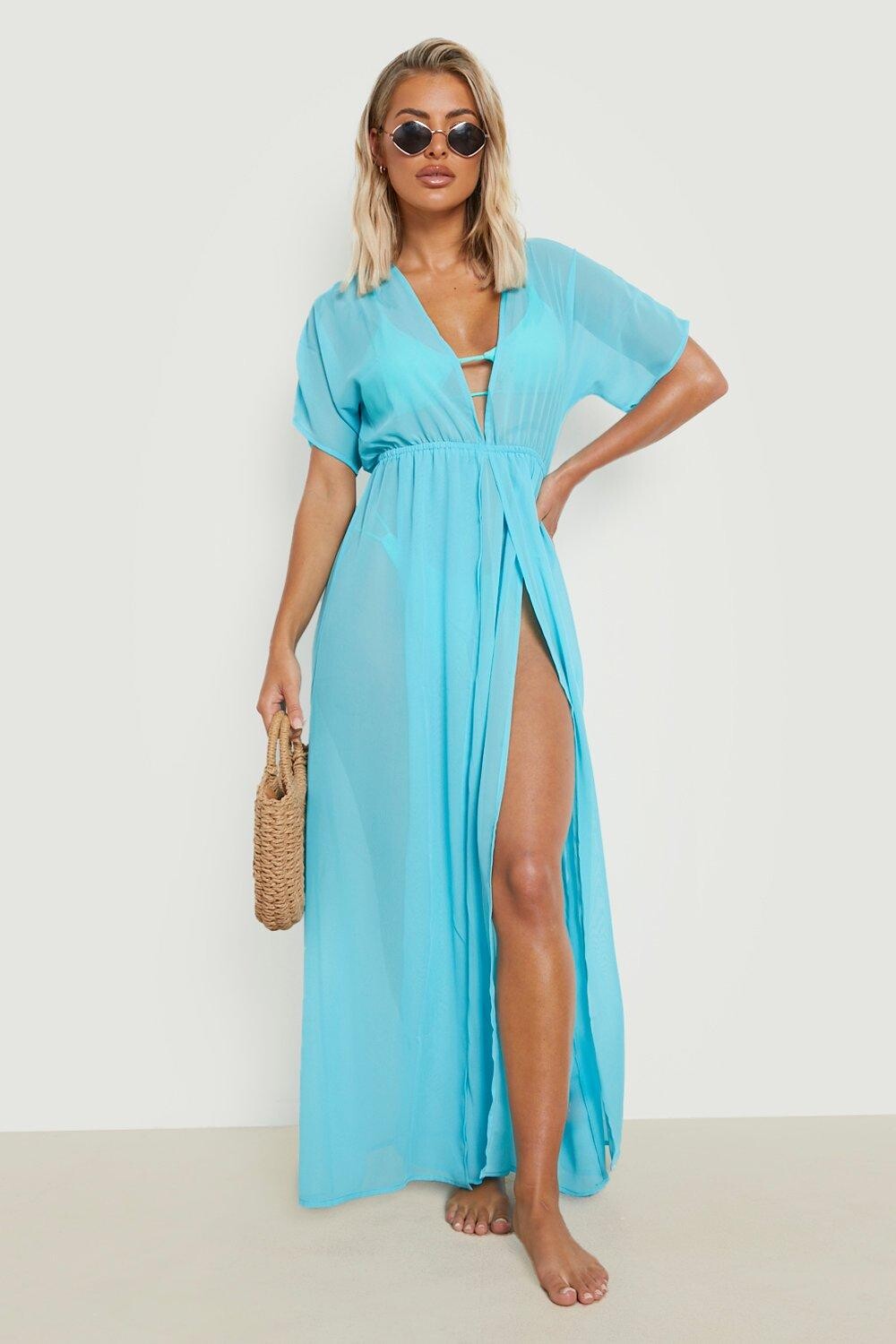 

Пляжный кафтан макси с разрезом по ноге boohoo, синий