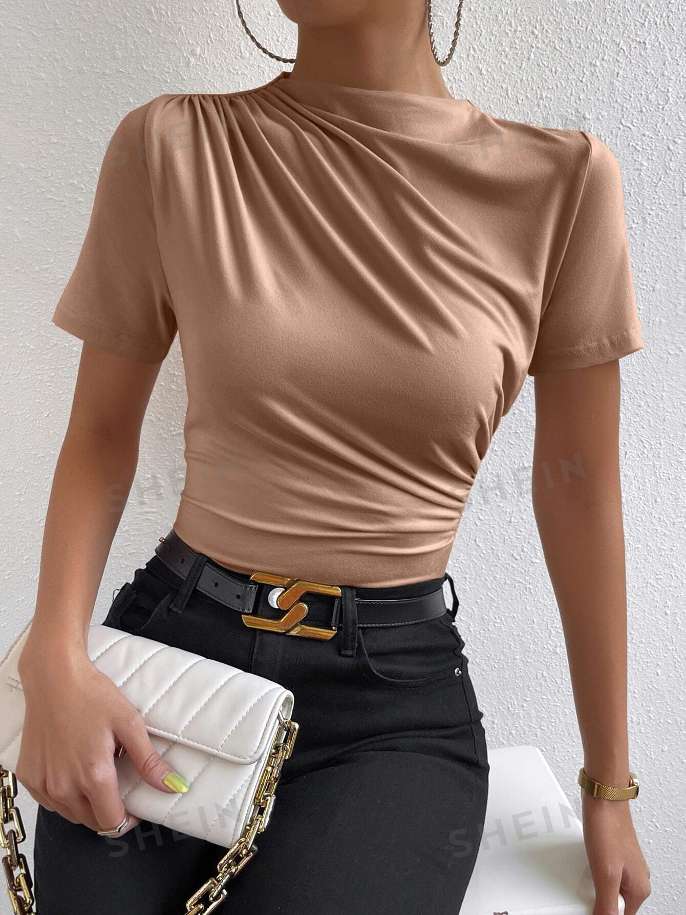 SHEIN Однотонная приталенная футболка Frenchy с воротником-стойкой и складками, коричневый