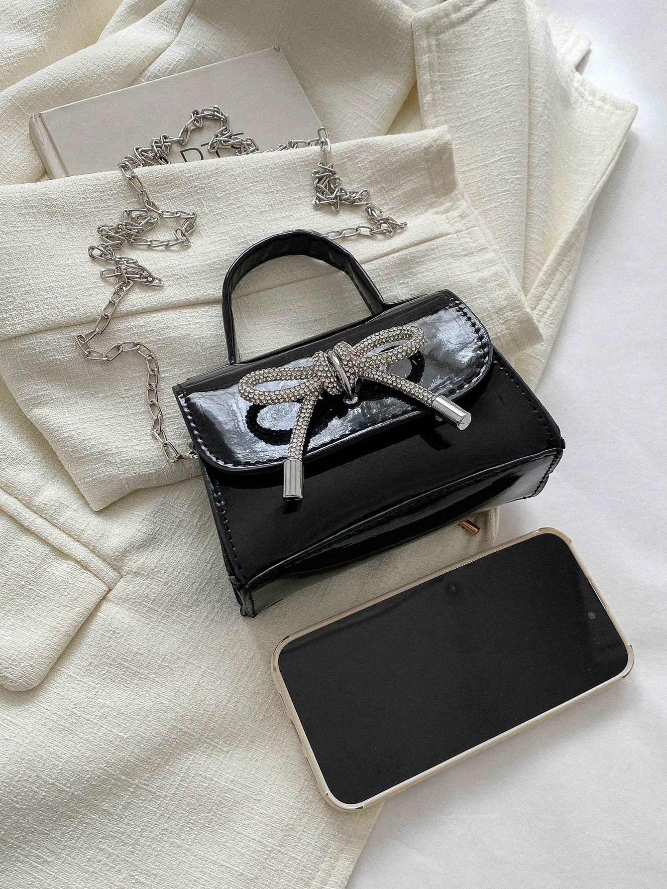 1 шт. Зеркальная мини-сумочка из искусственной кожи с бантом, черный