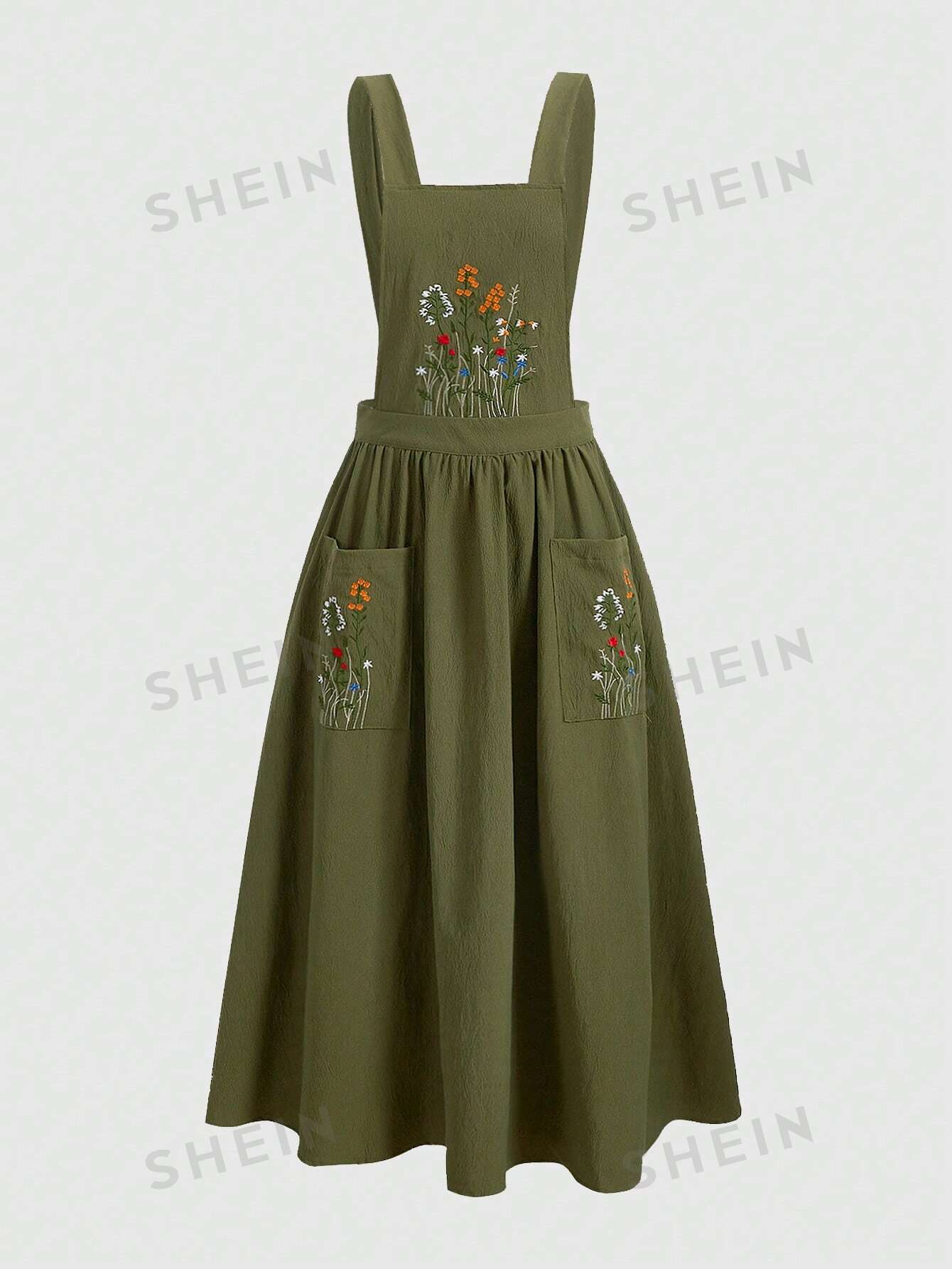 цена ROMWE Платье на подтяжках с двумя карманами и цветочной вышивкой Fairycore, армейский зеленый