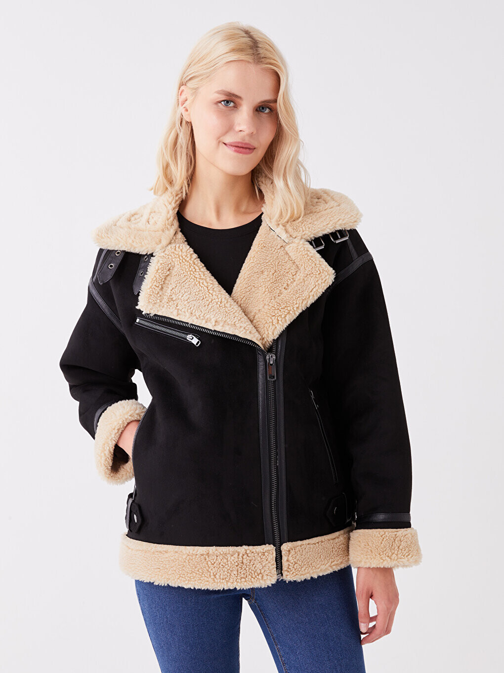 

Женское однотонное замшевое пальто с байкерским воротником LCW Casual