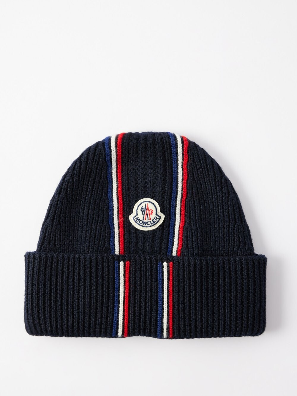 

Трехцветная шапка-бини из шерсти в рубчик Moncler, синий