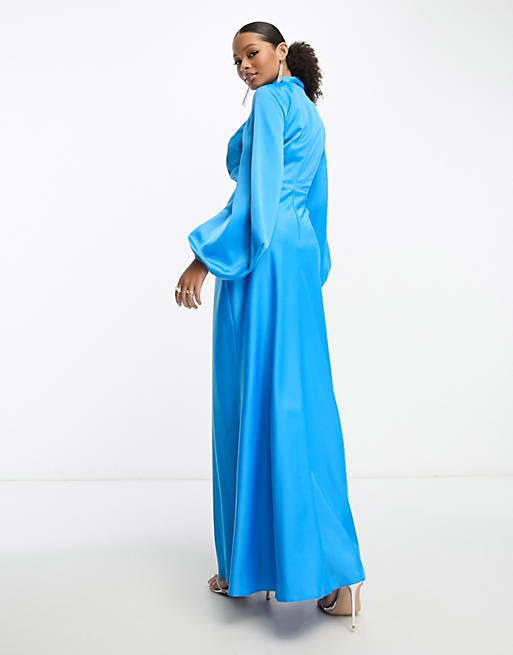 цена Атласное платье макси с объемными рукавами ASOS DESIGN бирюзового цвета