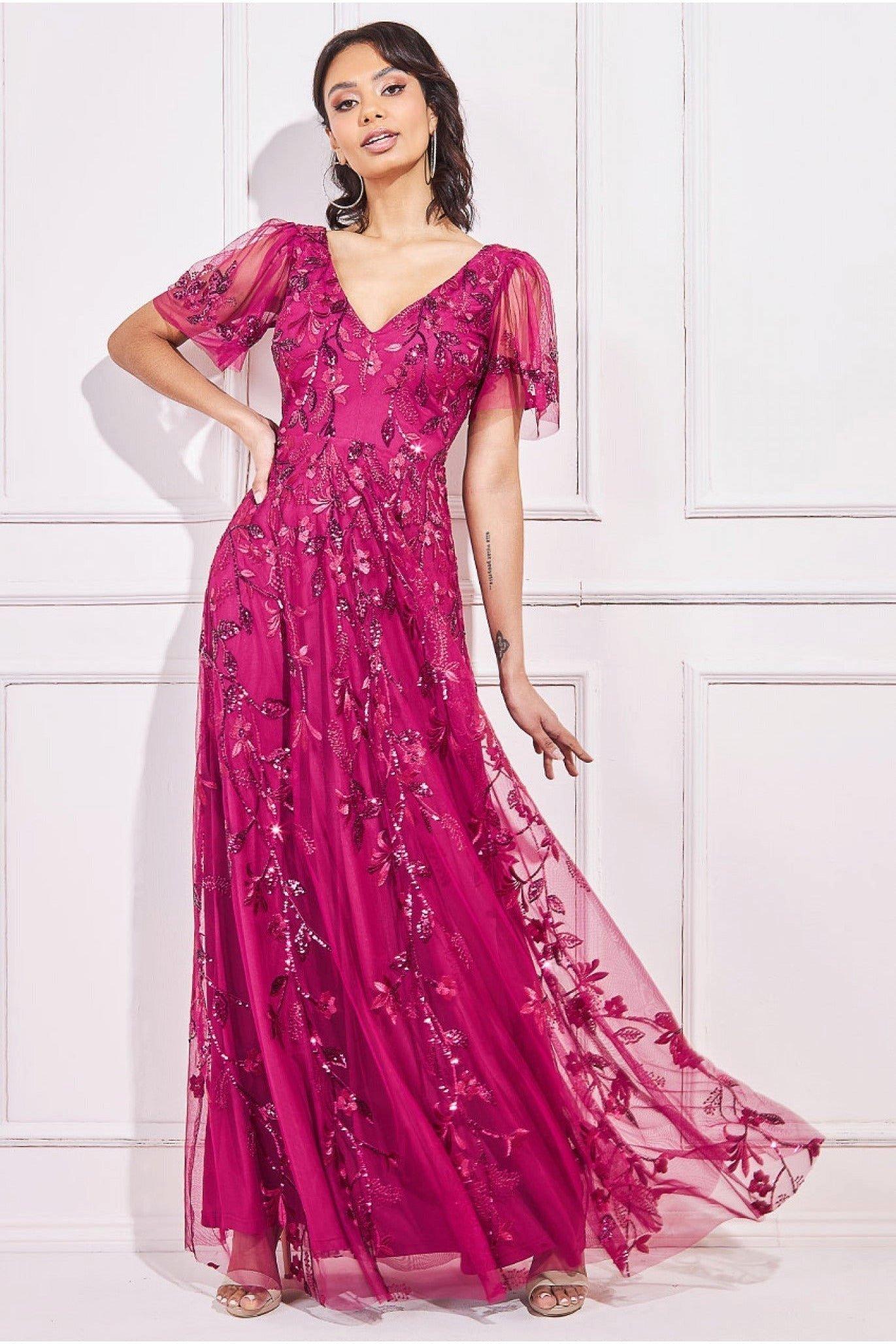 Платье макси с расклешенными рукавами и вышивкой Goddiva, розовый