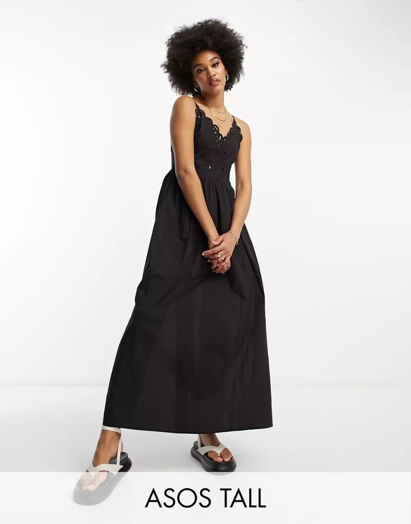 

Черное летнее платье миди с кружевной отделкой ASOS DESIGN Tall