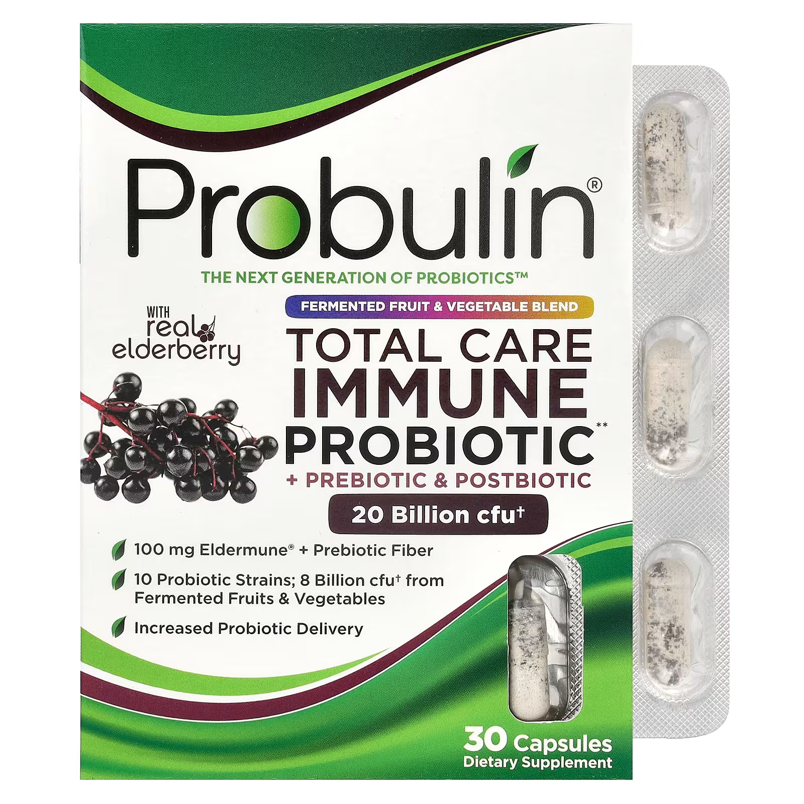 Пищевая добавка Probulin Total Care Immune Probiotic + Prebiotic & Postbiotic с бузиной, 30 капсул