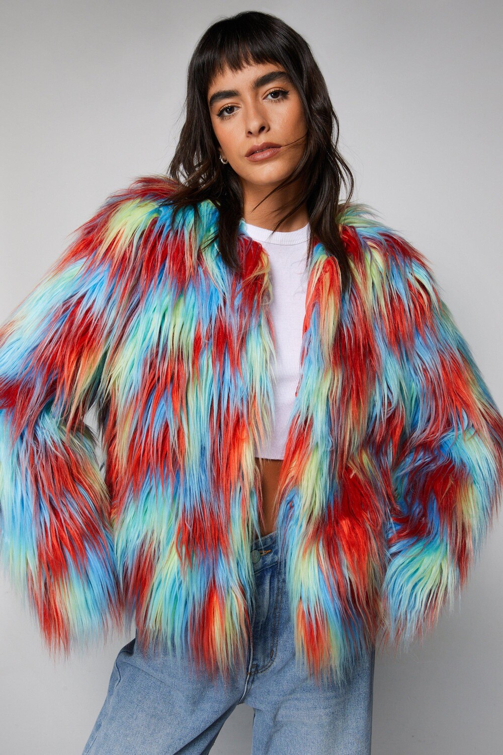 

Разноцветная куртка без воротника из искусственного меха Nasty Gal, мультиколор