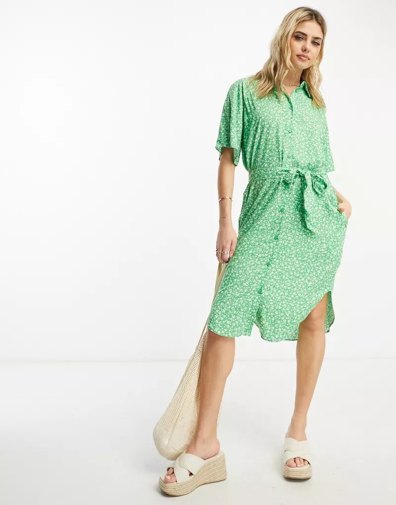 Зеленое платье-рубашка миди Monki с поясом