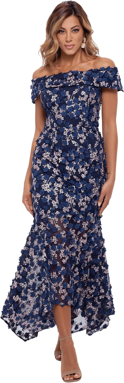 

Платье Midi Raised Flower Off-the-Shoulder Flounce XSCAPE, цвет Blue Multi