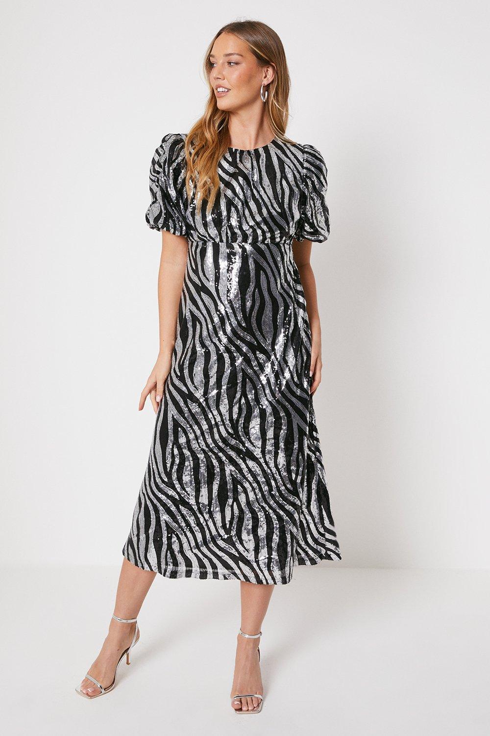 цена Платье миди с пышными рукавами и пайетками Zebra Oasis, мультиколор