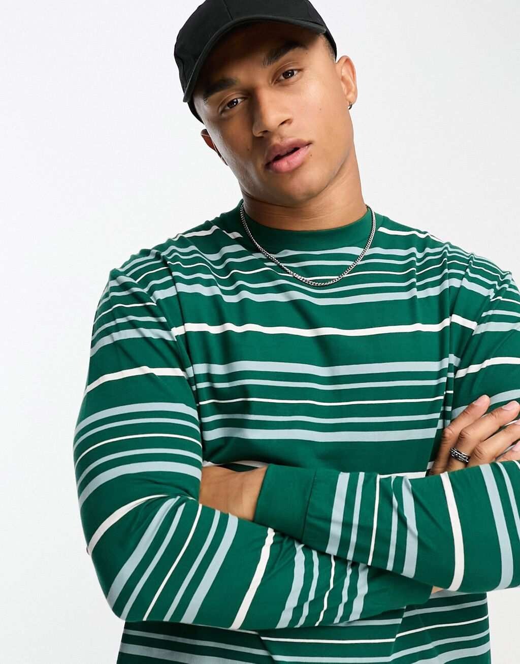 

Свободная зелено-белая футболка в полоску с длинными рукавами ASOS DESIGN, Зеленый