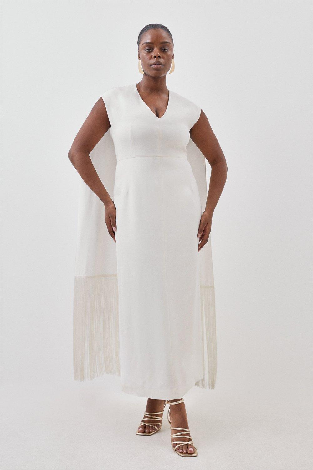 цена Тканое платье макси с накидкой и бахромой больших размеров Karen Millen, белый