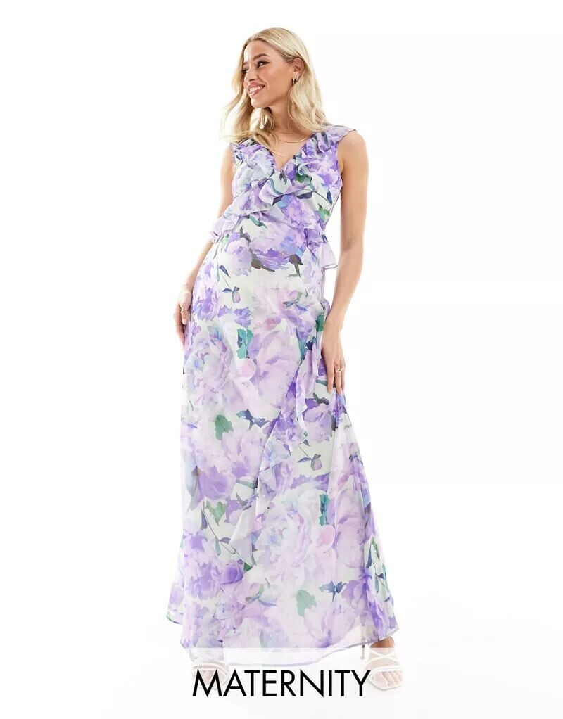 

Сиреневое платье макси с оборками спереди Hope & Ivy Maternity