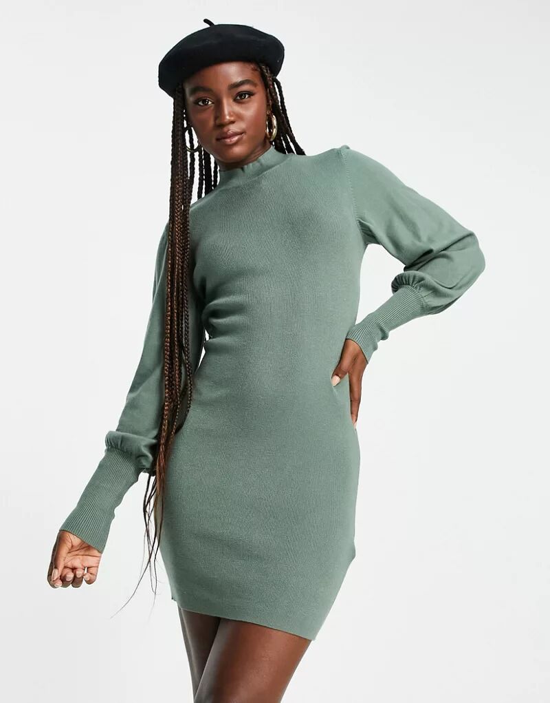 Короткое зеленое трикотажное платье Vero Moda с объемными рукавами