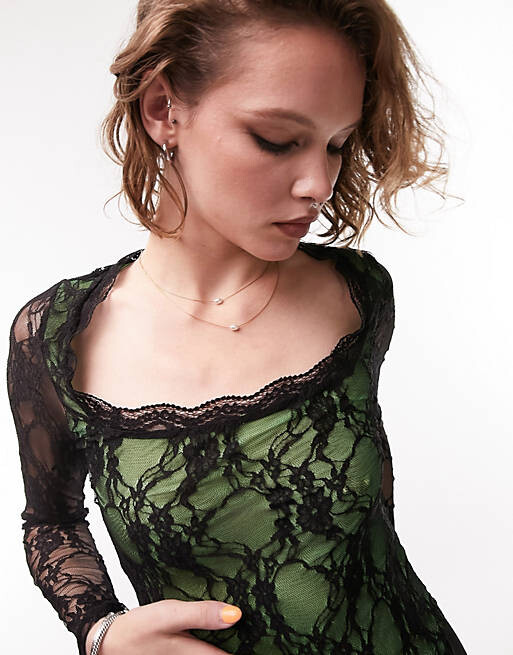 

Зеленый кружевной топ с длинными рукавами Topshop