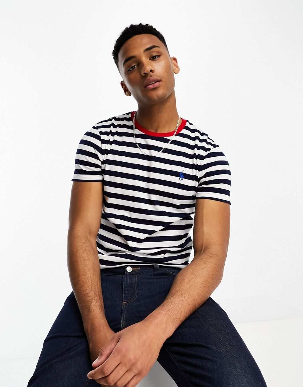 

Темно-синяя/белая футболка индивидуального кроя в полоску с логотипом Polo Ralph Lauren