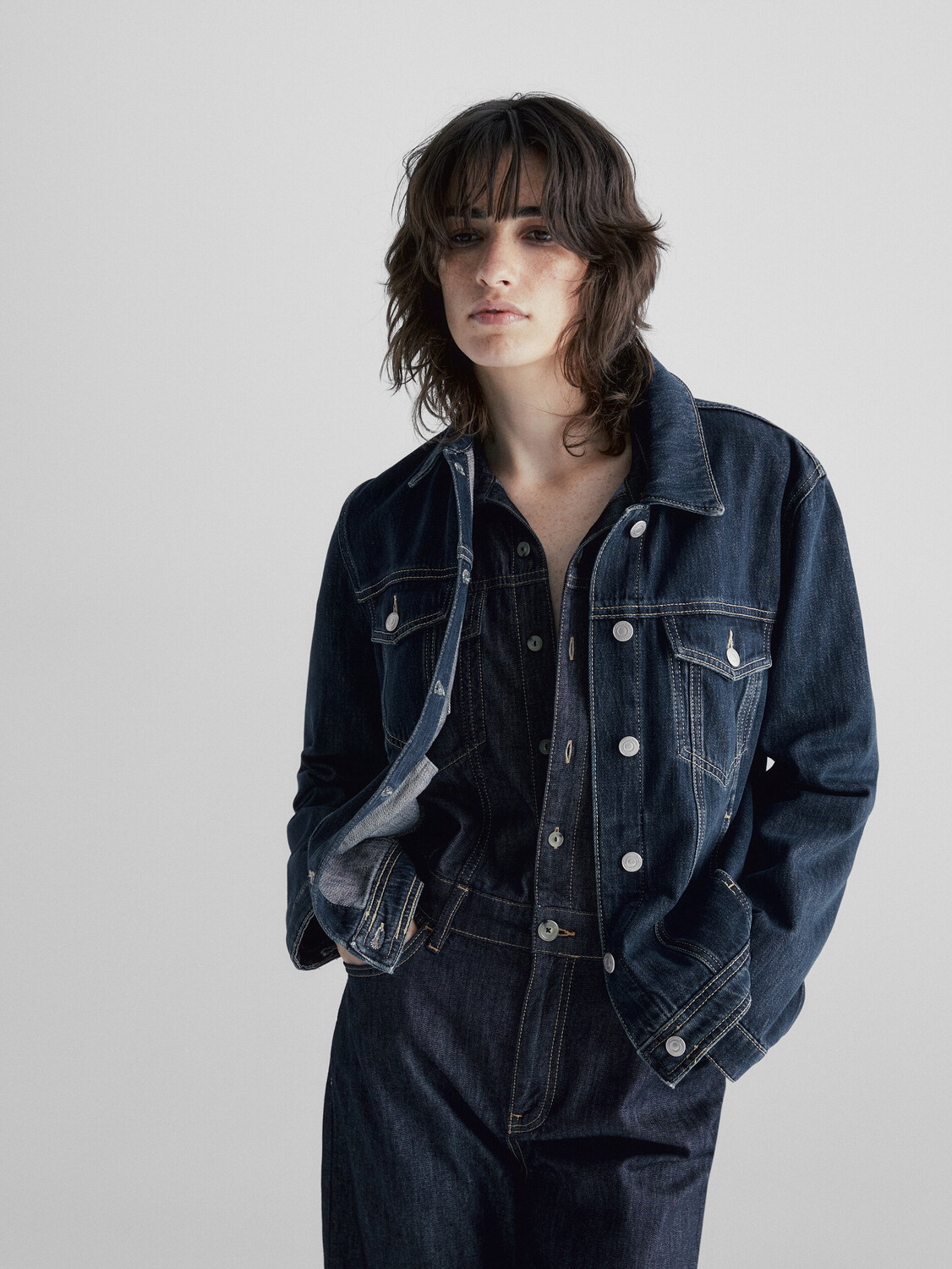 

Комбинезон из джинсов прямого поласания с отстрочкой Massimo Dutti, темно-синий