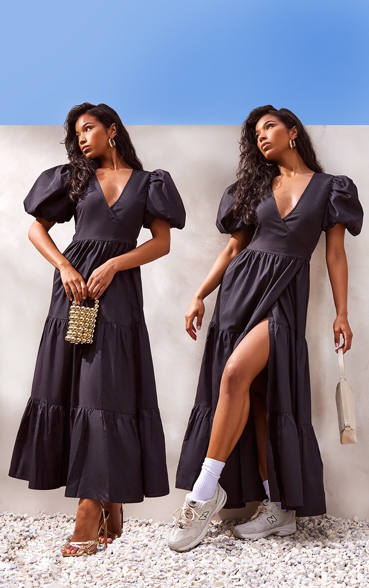 

PrettyLittleThing Черное тканое платье мидакси с рукавами-буфами и запахом, Черный