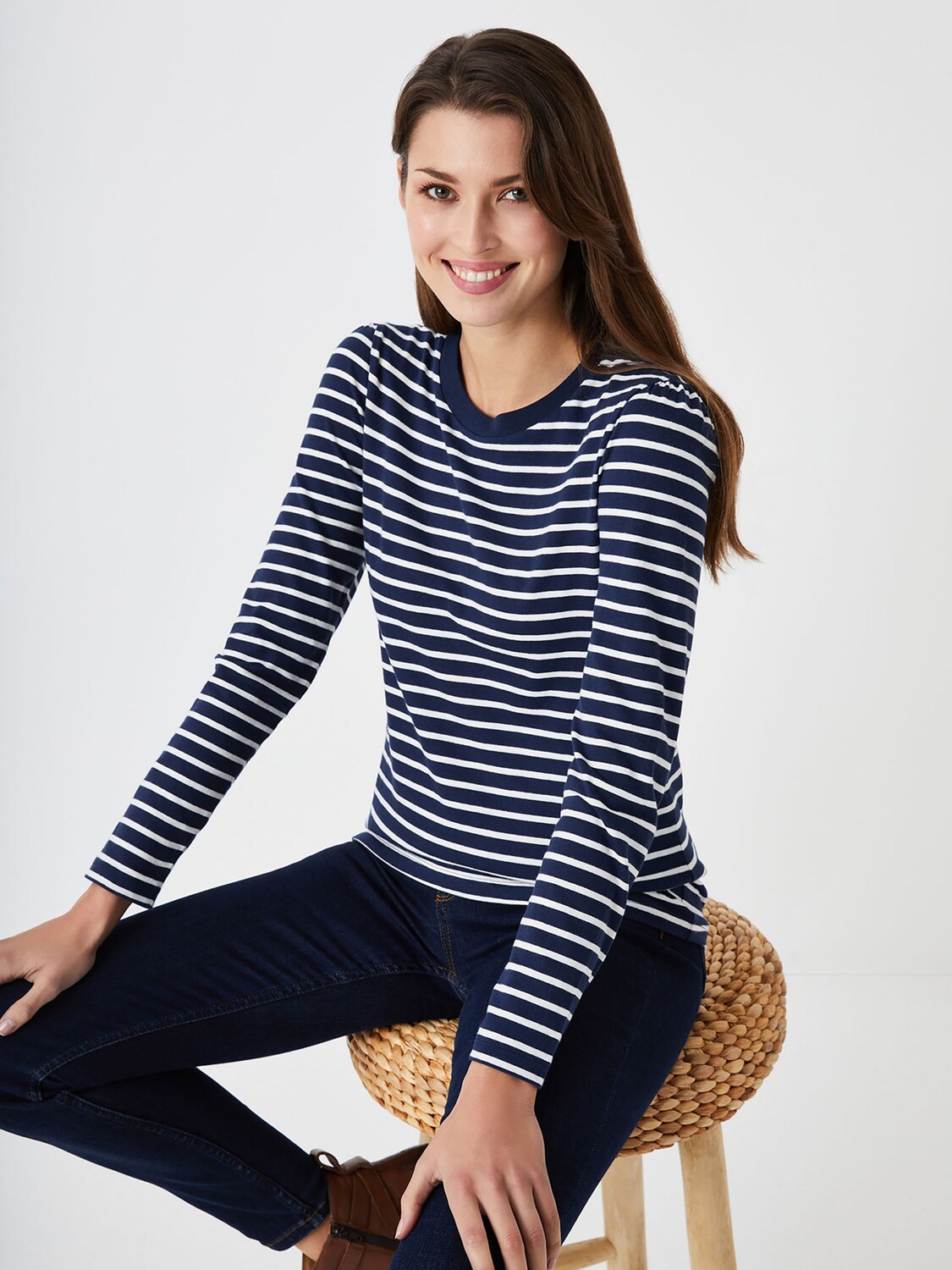 

Crew Clothing Бретонский топ в полоску с пышными рукавами, темно-синий