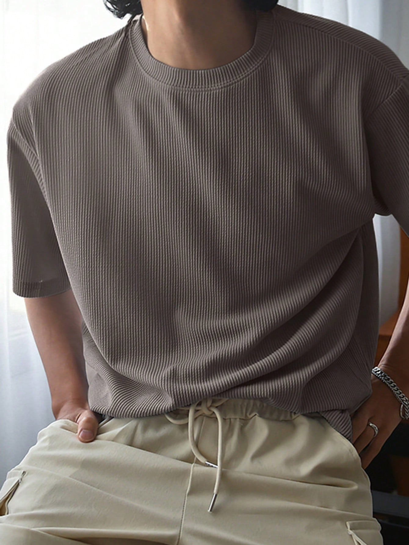DAZY однотонная повседневная футболка в рубчик с короткими рукавами, кофейный коричневый