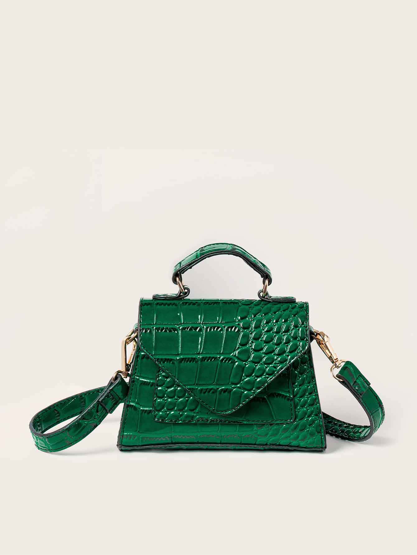 Мини-сумка-саквояж с тиснением под кожу крокодила, темно-зеленый