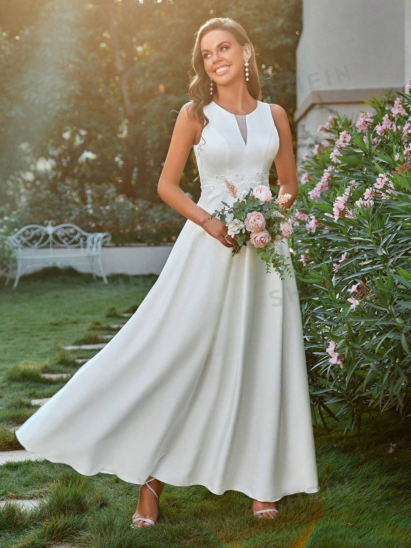 SHEIN LUNE Женское атласное свадебное платье без рукавов с прозрачной сеткой в ​​стиле пэчворк, белый простое атласное свадебное платье с бусинами женское свадебное платье дешевое платье со шлейфом и рукавом крылышком 2021