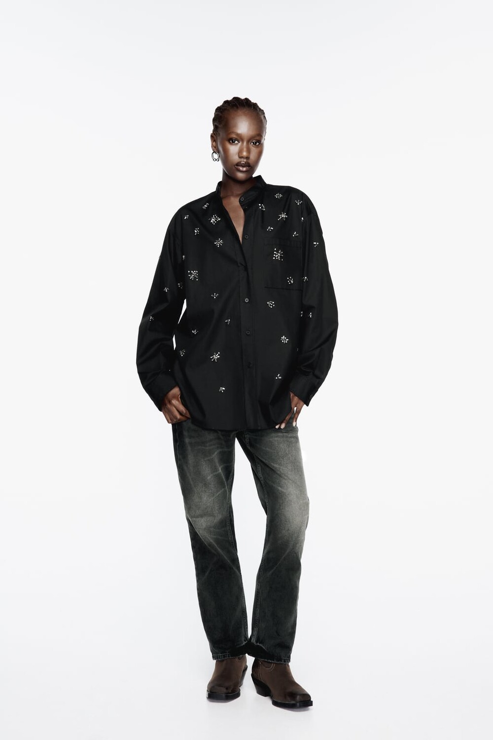 

Рубашка из поплина со стразами ZARA, черный