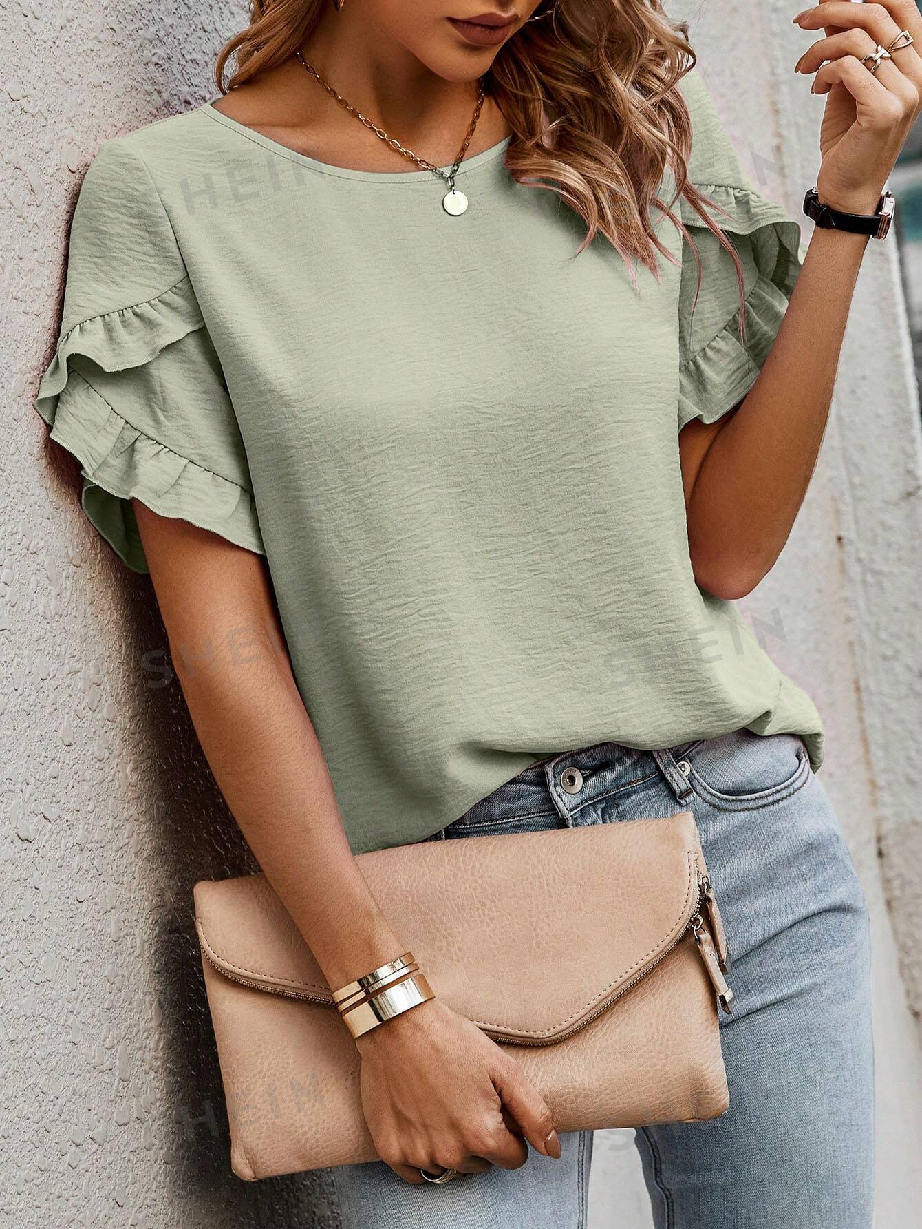 SHEIN LUNE Женская блузка с короткими рукавами и лепестками в горошек, мятно-зеленый