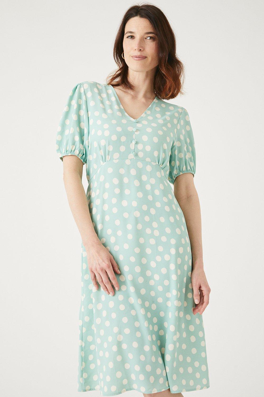 цена Мятное платье миди с пышными рукавами в горошек Debenhams, зеленый