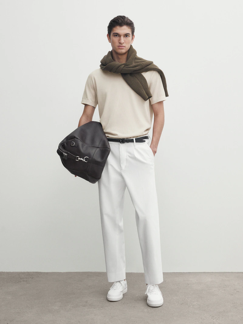 

Свитер-поло миланской вязки с короткими рукавами Massimo Dutti, бежевый
