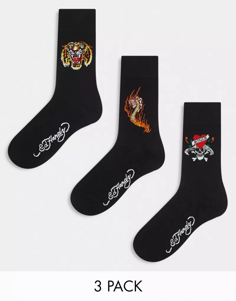 

Три пары черных носков с татуировкой Ed Hardy Tinta