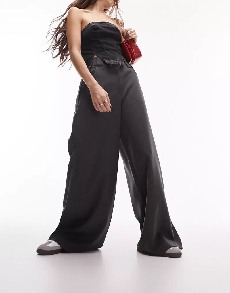 

Черные удлиненные брюки с завышенной талией Topshop