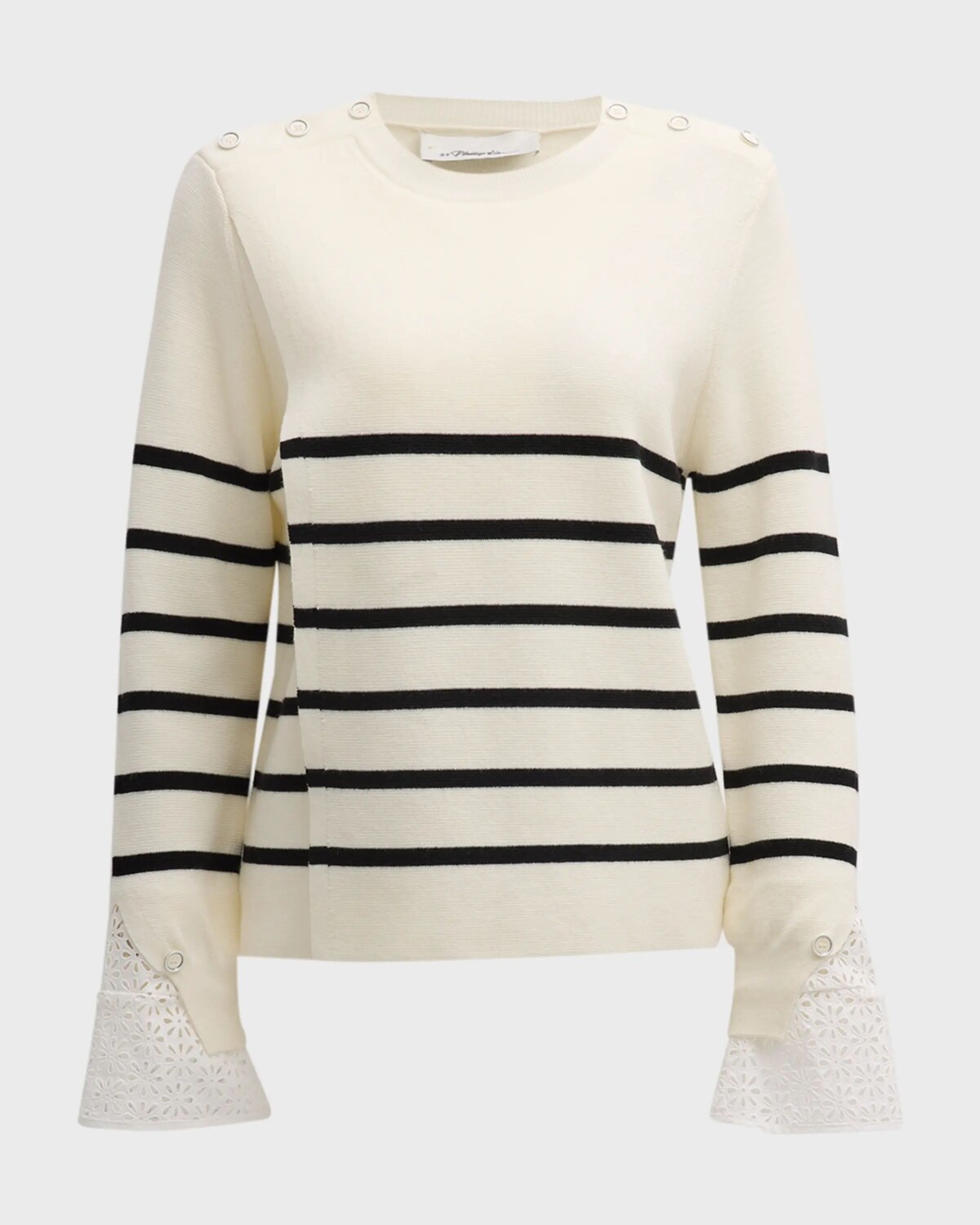 

Свитер с кружевными манжетами в матовую полоску 3.1 Phillip Lim, цвет Ivory-Blk