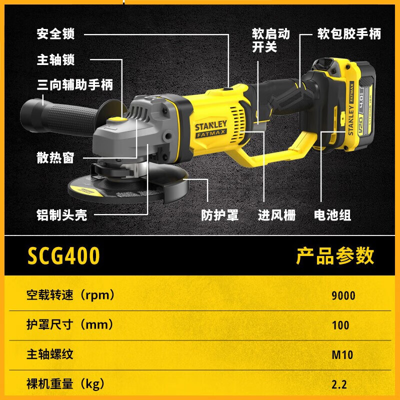 Угловая шлифовальная машина Stanley SCG400-A9 + два аккумулятора 20V/4.0Ah, зарядное устройство