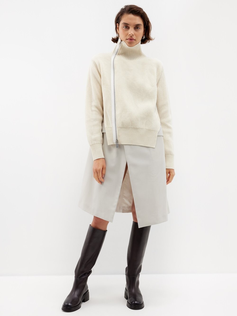 

Многослойное платье из смесовой шерсти с асимметричным передом Sacai, бежевый
