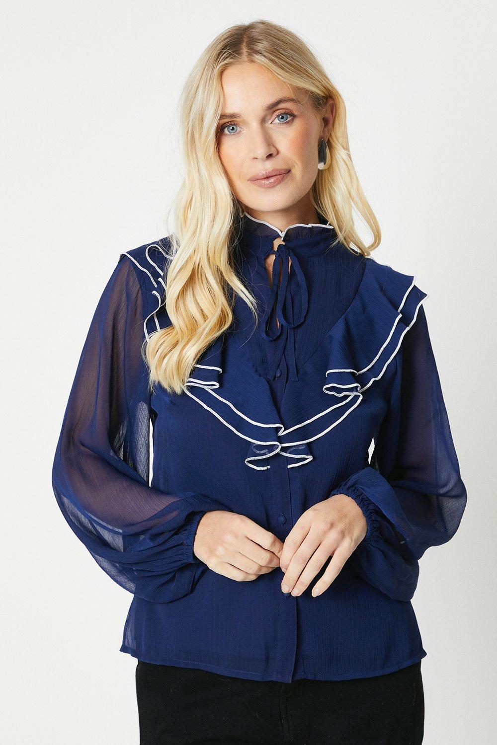 цена Миниатюрная блузка с контрастными рюшами Wallis, темно-синий