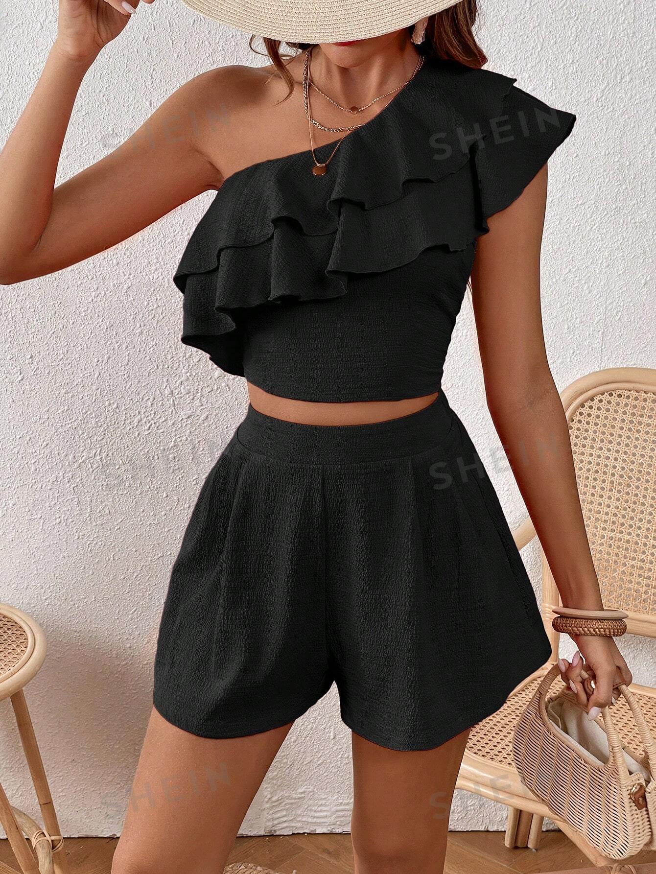 SHEIN VCAY Женский однотонный топ с короткими рукавами и шорты, черный комплект одежды для маленьких девочек из 2 предметов модный однотонный топ на одно плечо и шорты повседневная летняя одежда
