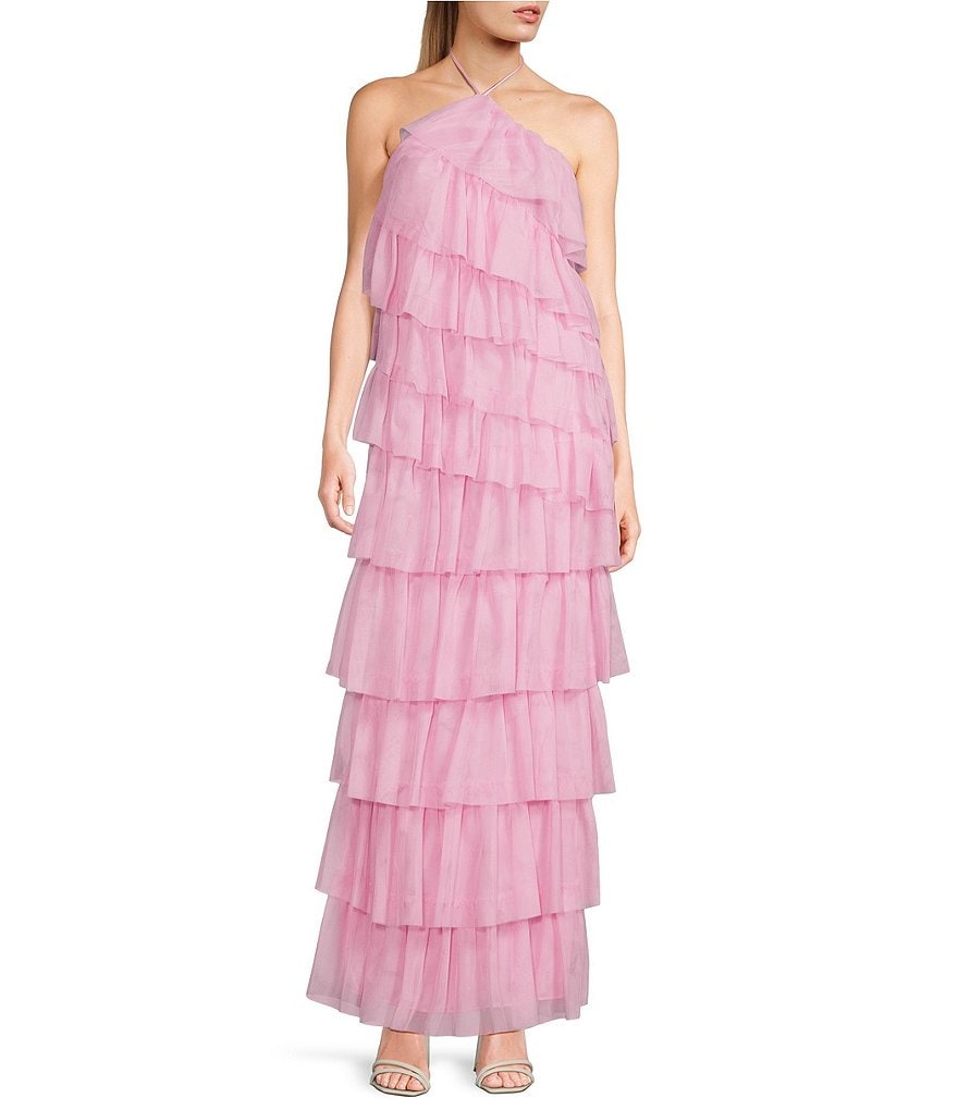 Многоуровневое длинное платье из тюля Morgan & Co. с рюшами и бретельками, розовый